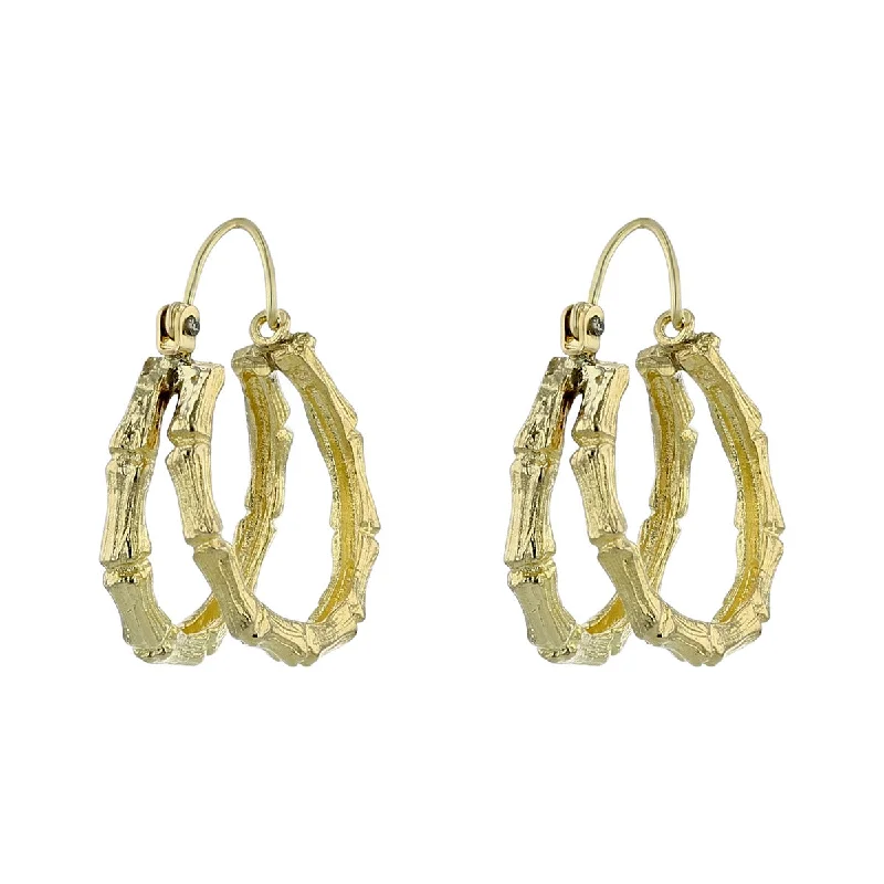 women's gemstone earrings-14K Yellow Gold Bamboo Double Hoop Earrings