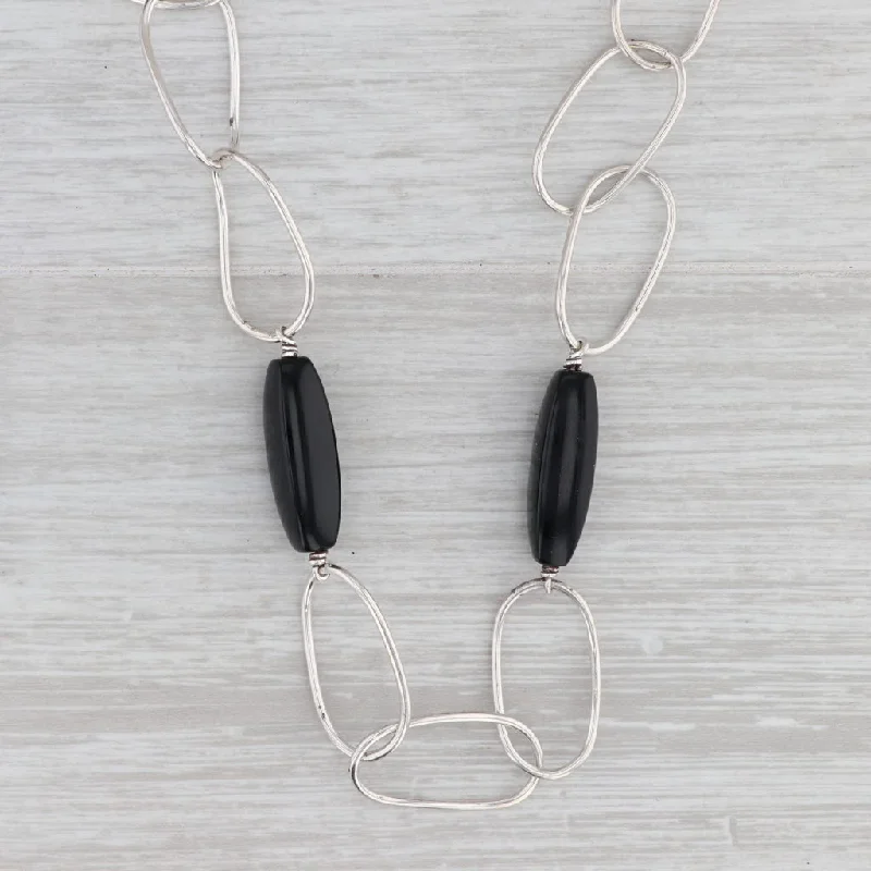 women's infinity necklaces-Onyx Bead Oval Link Necklace Sterling Silver Long Layering Statement Chain