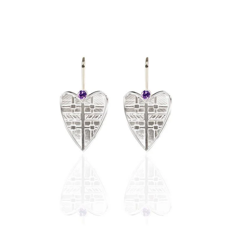 women's infinity earrings-Tartan Solid Heart Drop Earrings with Amethyst in Silver