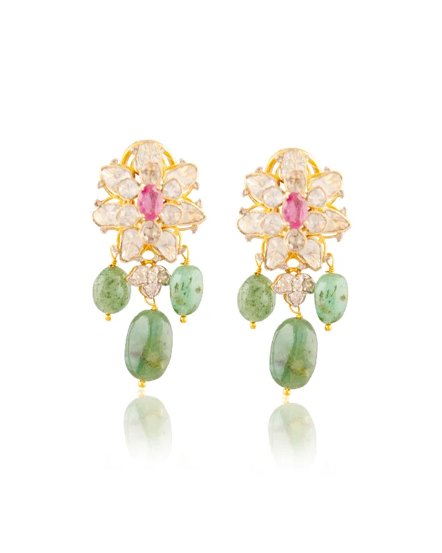 women's moonstone earrings-Parkhi Polki And Diamond Long Earrings