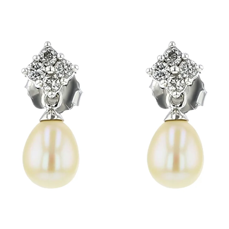 women's diamond dangle earrings-14K Pear Shape Pearl and Diamond Dangle Earrings