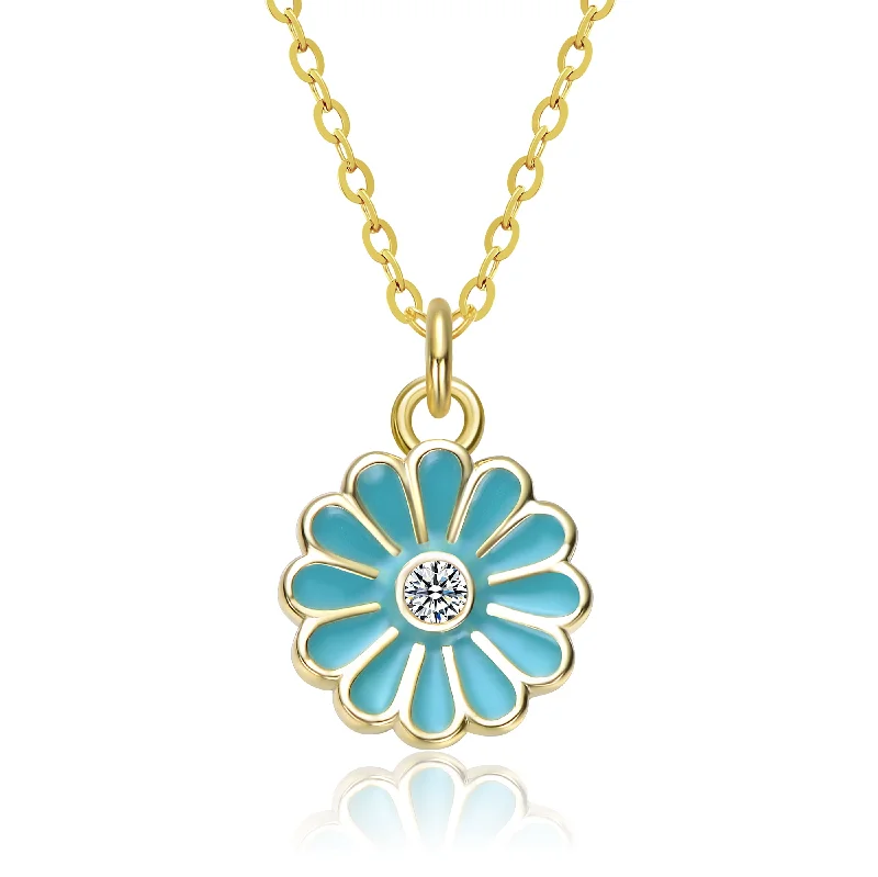 women's contemporary necklaces-Kids Sterling Silver 14k Gold Plated Red Enamel and Cubic Zirconia Flower Pendant Necklace