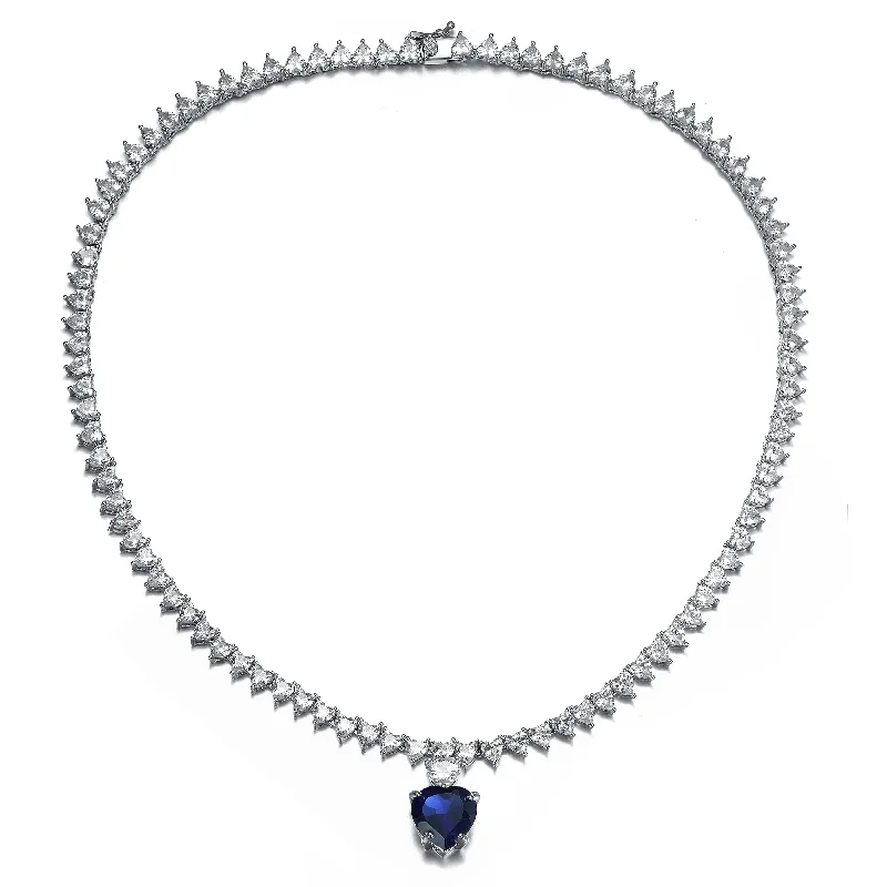 women's custom necklaces-Luxurious Heart Tennis Necklace with Sapphire Blue Heart Charm