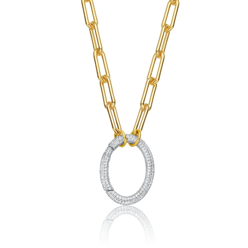 women's fashion statement necklaces-Pompidou Dual Golden Link and CZ Oval Necklace