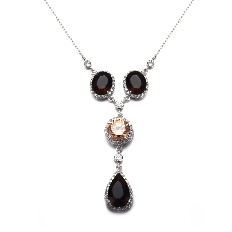 women's diamond drop necklaces-Sterling Silver Black and Copper Cubic Zirconia Y Necklace