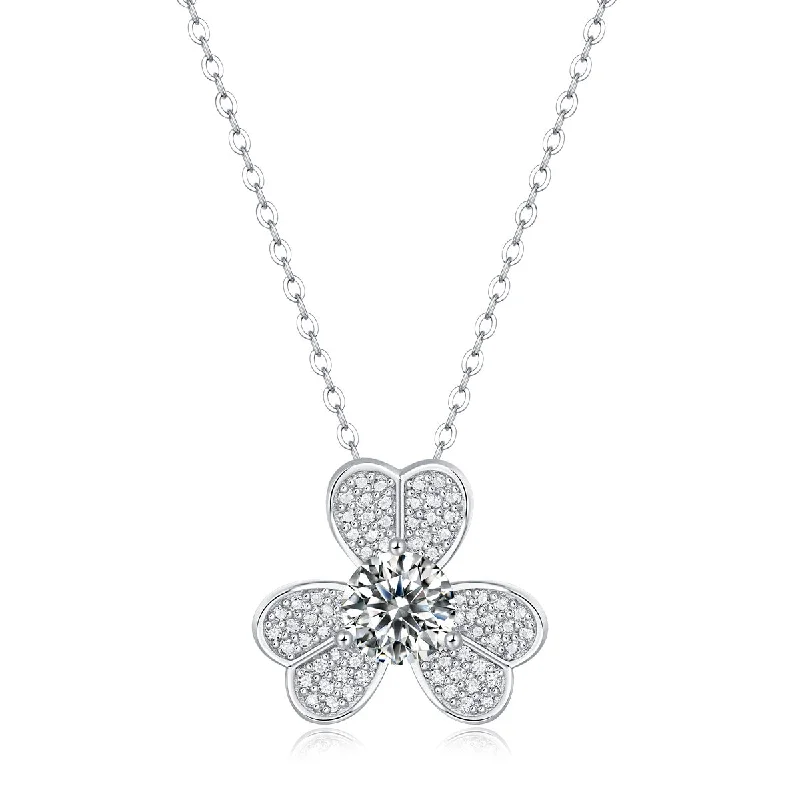 women's fine chain necklaces-Sterling Silver with 1ctw Lab Created Moissanite French Pave Blooming Flower Solitaire Pendant Necklace