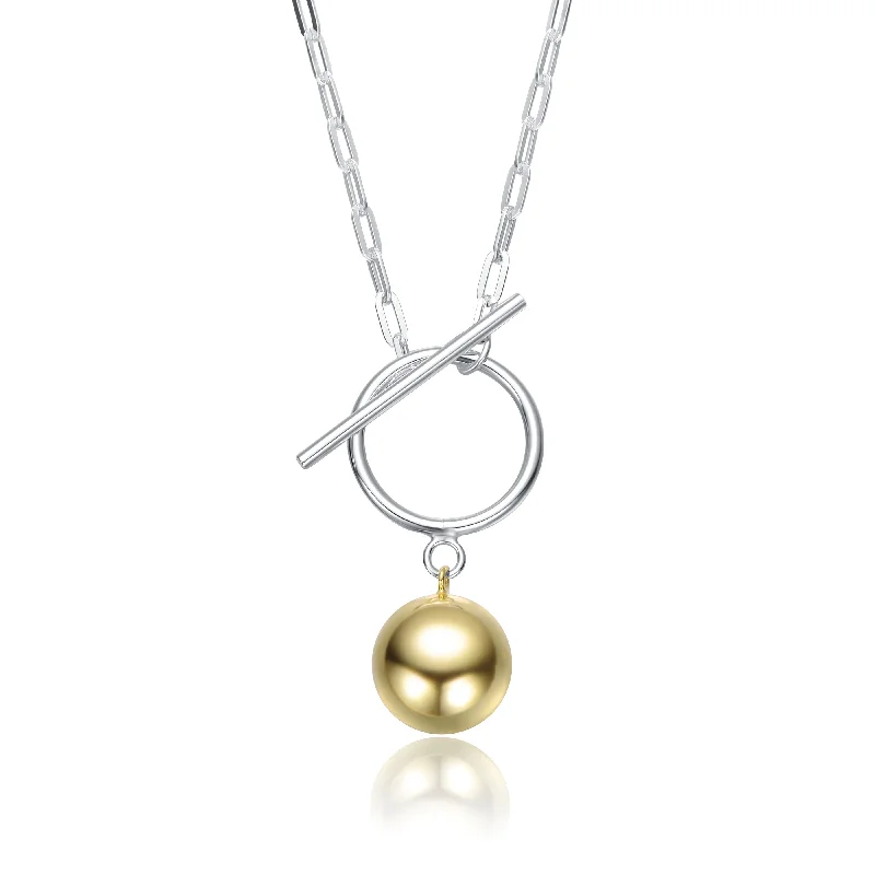 women's vintage chain necklaces-Sterling Silver Two-Tone with White Gold Plated Chain and 14K Gold Plated Sphere Pendant Modern Toggle Necklace