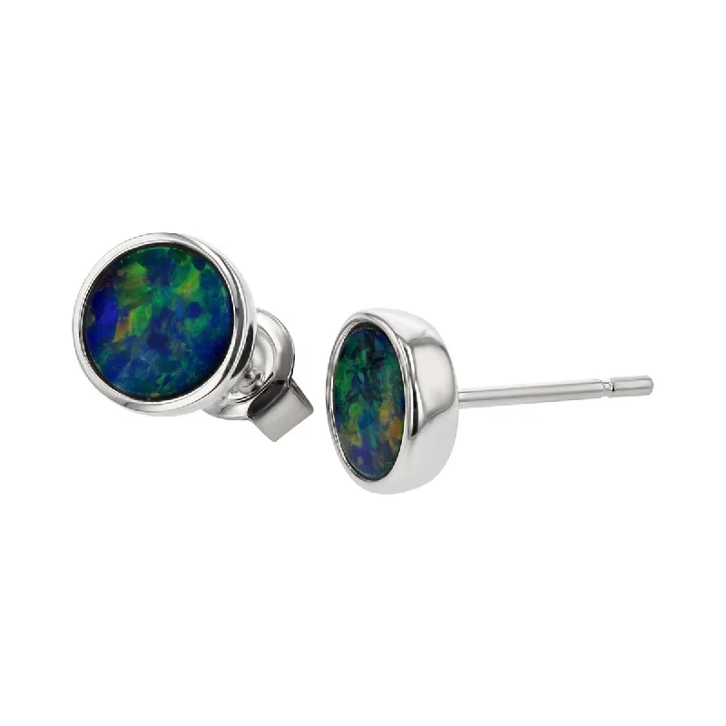 women's diamond stud earrings-14K White Gold Black Opal Doublet Stud Earrings