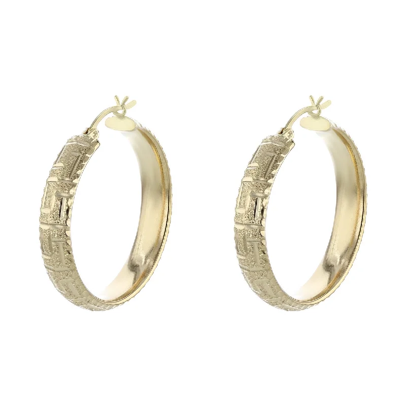 women's unique earrings-14K Gold Textured Greek Key Hoop Earrings