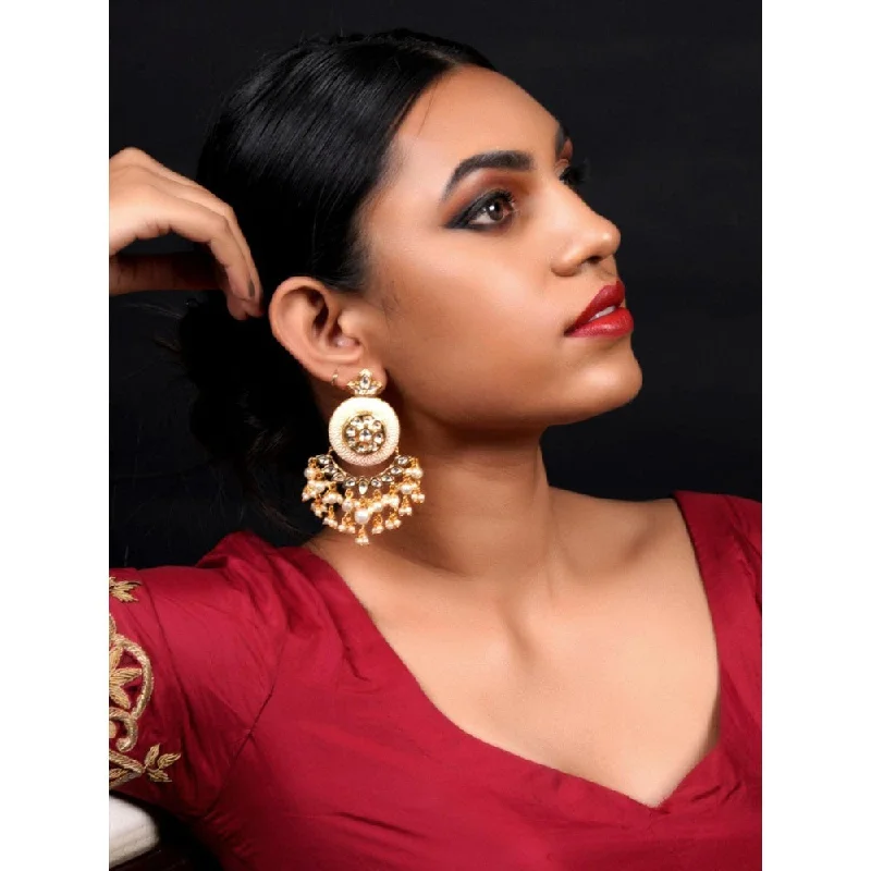 women's rose gold drop earrings-Odette Women Enameled Kundan-Pearl Chandbali Earrings!