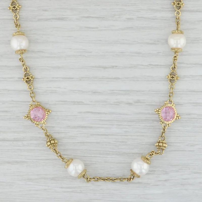 women's chakra necklaces-Judith Ripka Pink Topaz Pearl Station Necklace 18k Yellow Gold Cable Chain 16.5"