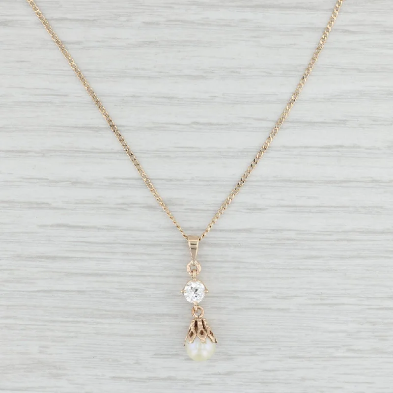 women's gold necklaces-Vintage Cultured Pearl 0.45ct Diamond Pendant Necklace 14k Gold 18" Curb Chain