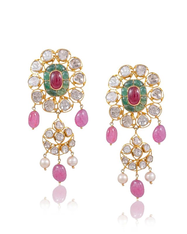 women's crystal hoop earrings-Desa Polki Long Earrings