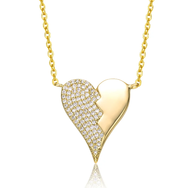 women's choker necklaces-14k Yellow Gold Plated with Cubic Zirconia Broken Cracked Zig-Zag Half & Half Stolen Heart Pendant Necklace