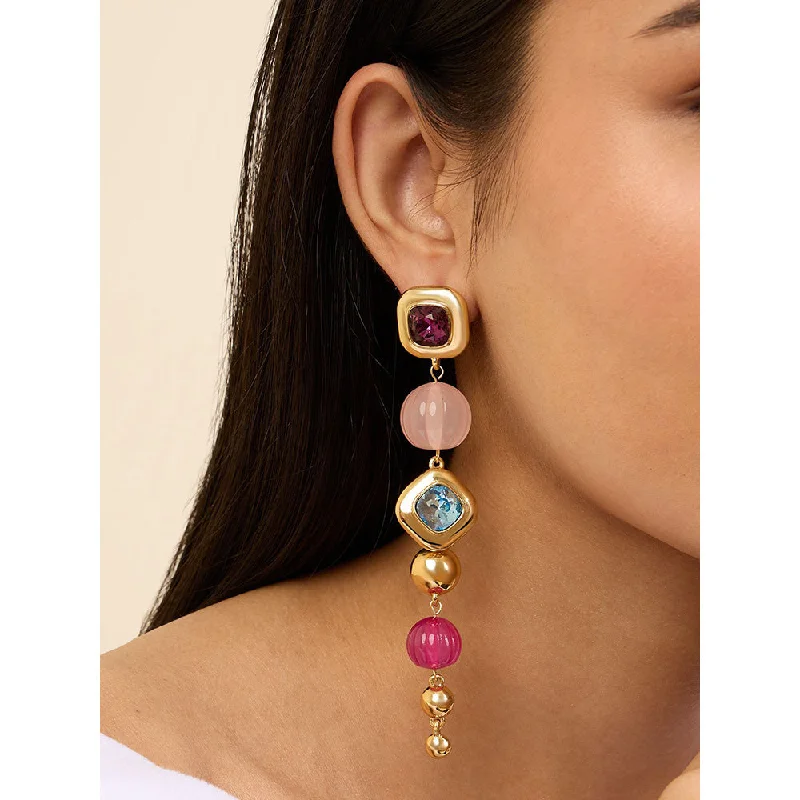 women's stud earrings-Isharya Long Pink & Aqua Danglers in 18Kt Gold Plated Earrings