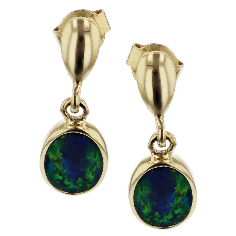 women's geometric earrings-14K Yellow Gold Black Opal Doublet Drop Earrings