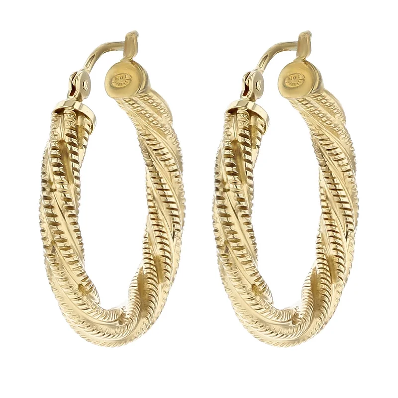 women's clip-on stud earrings-14K Medium Engine Turned Pattern Hoop Earrings