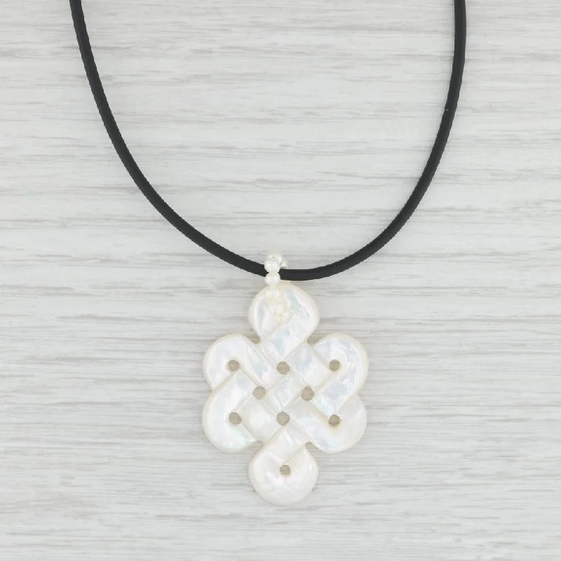 women's multi-layer necklaces-Mother of Pearl Celtic Knot Cultured Pearl Pendant Black Cord Necklace 14k Gold