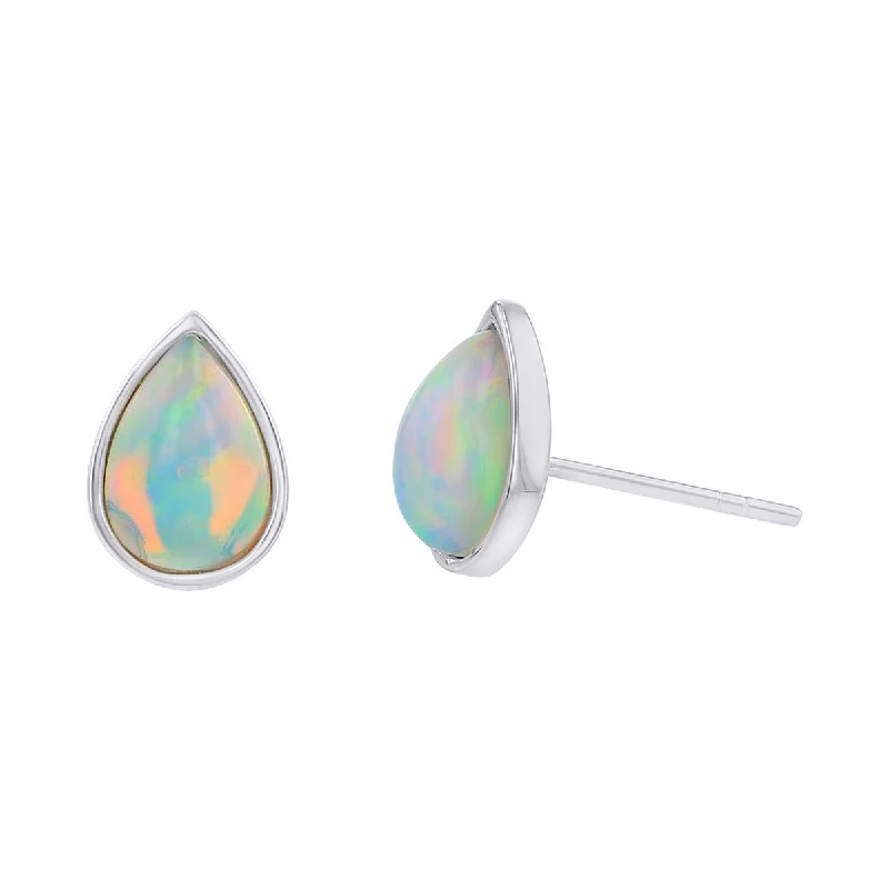 women's designer earrings-14K White Gold Cabochon Opal Stud Earrings