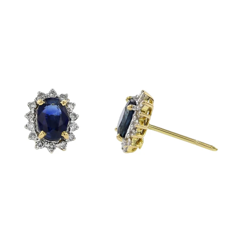 women's designer earrings-14K Yellow Gold Sapphire and Diamond Halo Earrings