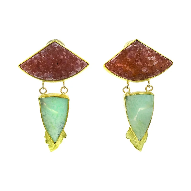 women's beaded earrings-14K Yellow Gold Green and Purple Agate Drop Earrings