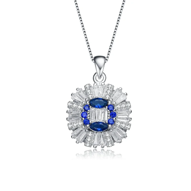 women's wedding necklaces-Sterling Silver with Rhodium Plate and Blue Sapphire Cubic Zirconia Stones Pendant Necklace