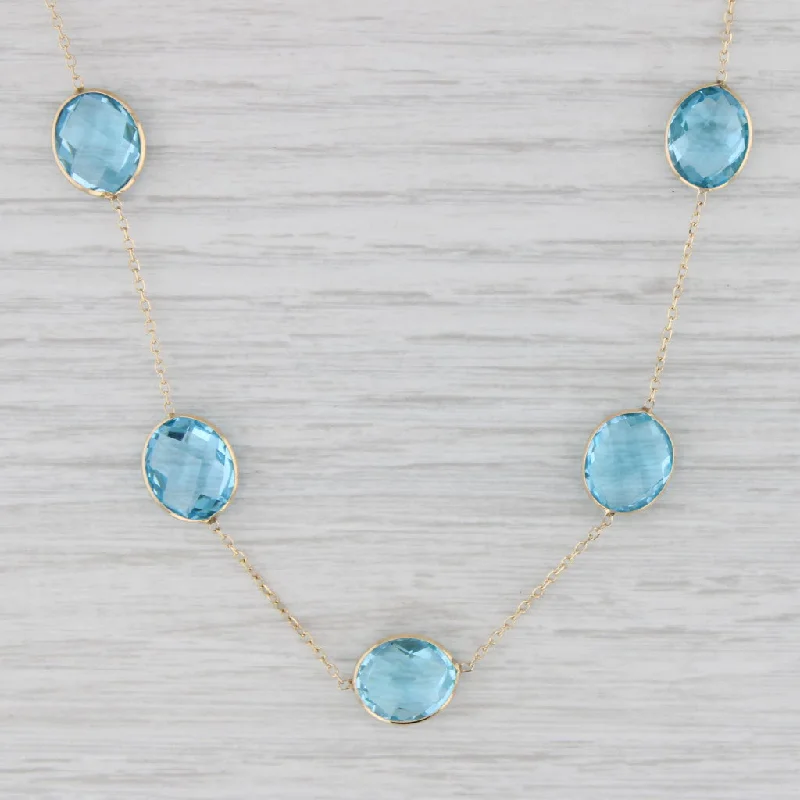 women's diamond heart necklaces-Blue Topaz Station Necklace 14k Yellow Gold 18" Cable Chain