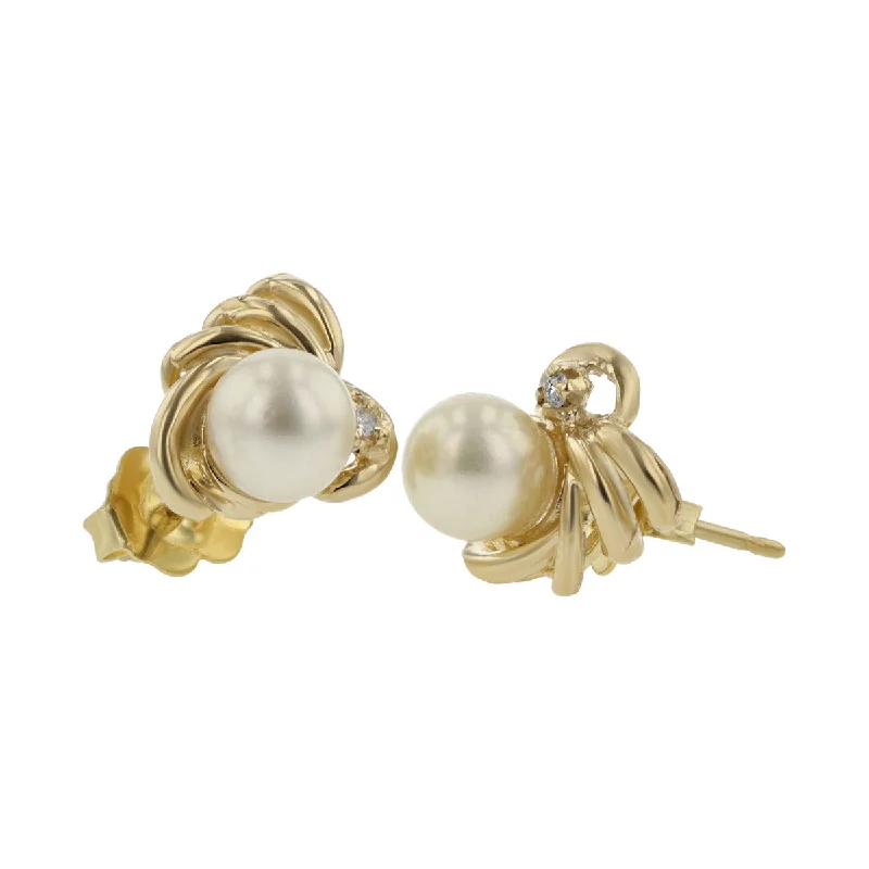 women's modern earrings-14K Yellow Gold Cultured Pearl Diamond Earrings