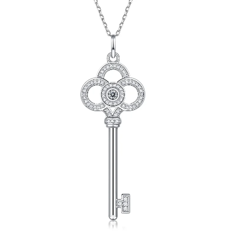 women's fashion necklaces-Sterling Silver with 0.10ctw Lab Created Moissanite Skeleton Key Eternity Circle Pendant Necklace