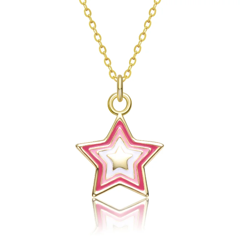 women's designer necklaces-Sterling Silver 14k Gold Plated Red & White Lucky Star Pendant Charm Necklace