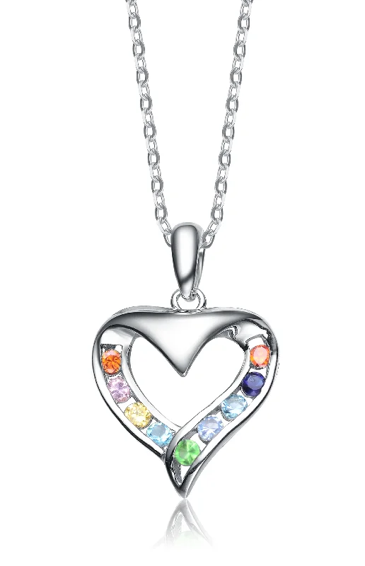 women's bridal pearl necklaces-Sterling Silver Cubic Zirconia and Burnt Amber Blue White Green and Yellow Cubic Zirconia Heart Pendant Necklace