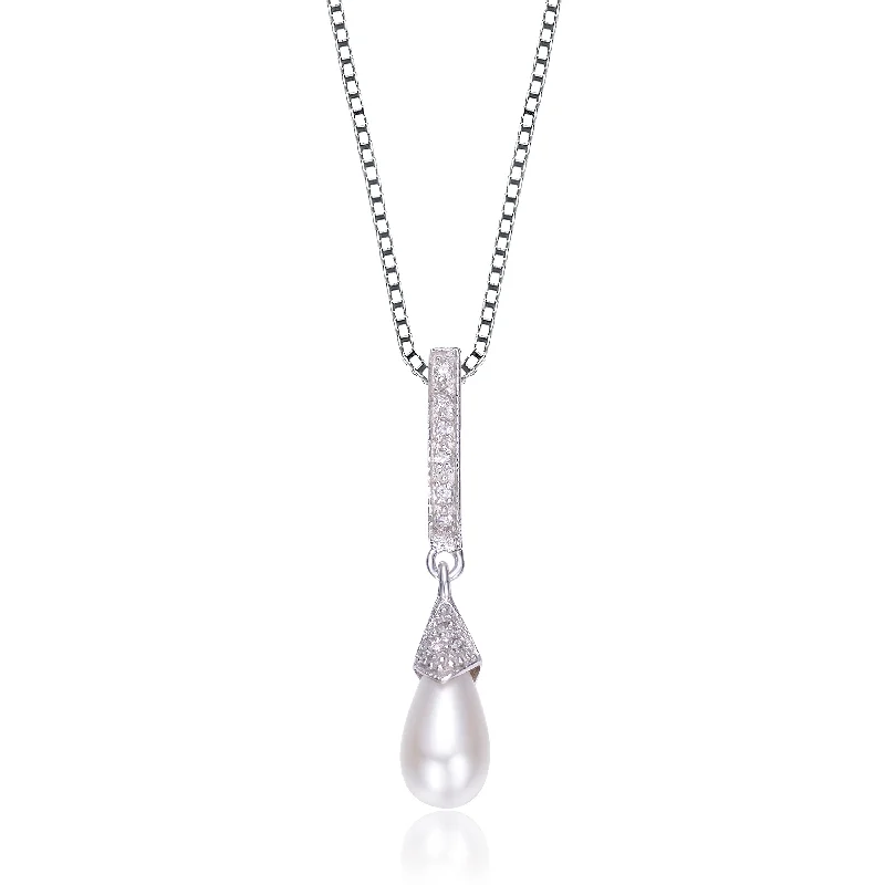 women's unique necklaces-Sterling Silver Cubic Zirconia Gold Plating Clear and Cultured Pearl Dangling Pendant Necklace