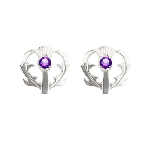 women's luxury stud earrings-SCOTTISH THISTLE STUD EARRINGS WITH AMETHYST IN SILVER