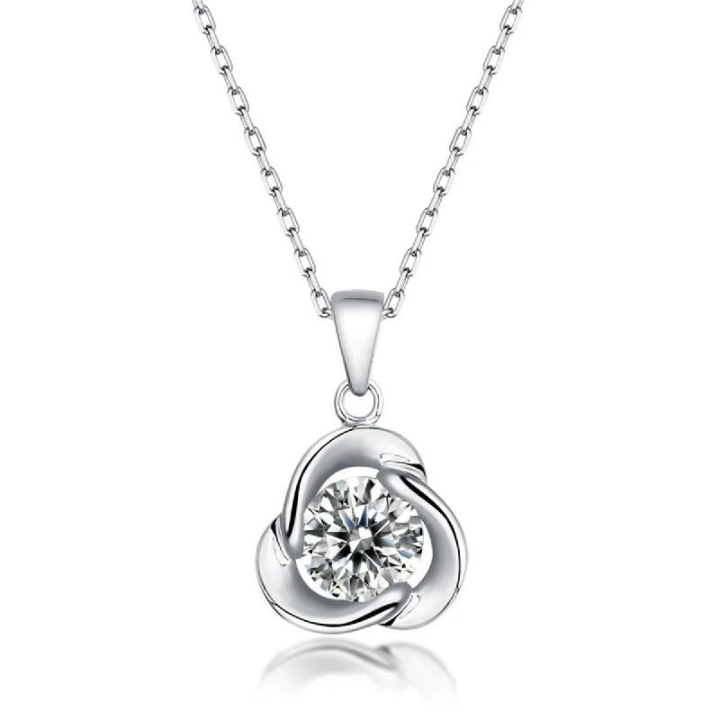 women's statement necklaces-Sterling Silver with 1ct Round Moissanite Solitaire Flower Swirl Pendant Necklace