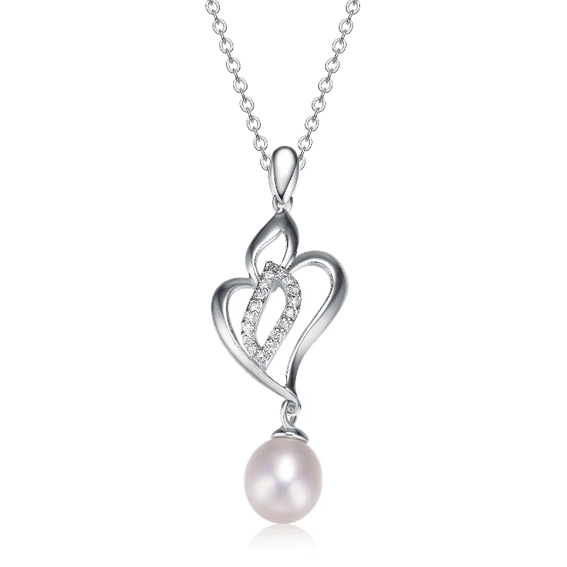 women's choker necklaces-Sterling Silver White Cubic Zirconia and Pearl Dangling Pendant Necklace