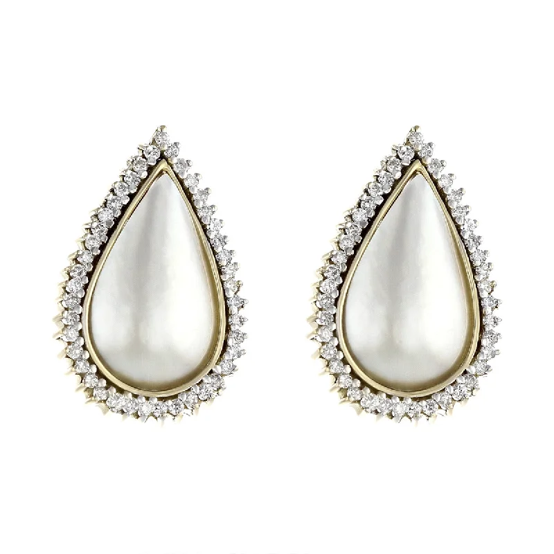 women's large earrings-14K Mabe Pearl and Diamond Pear-Shaped Earrings