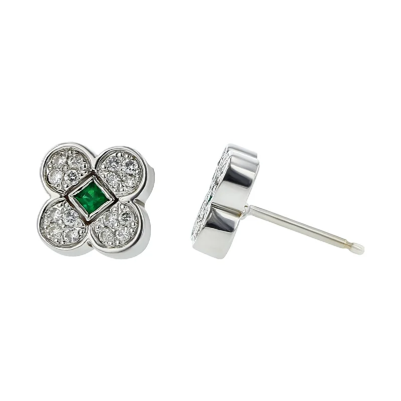 women's heart-shaped earrings-14K White Gold Emerald and Diamond Stud Earrings