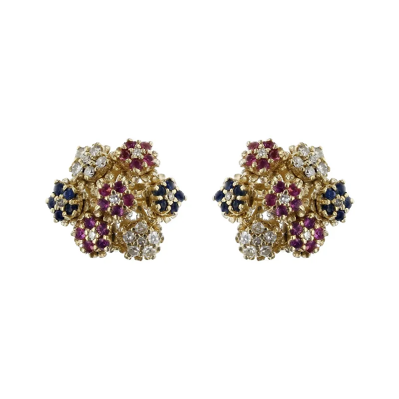 women's fashion earrings-14K Yellow Gold Ruby, Sapphire and Diamond Cluster Earrings