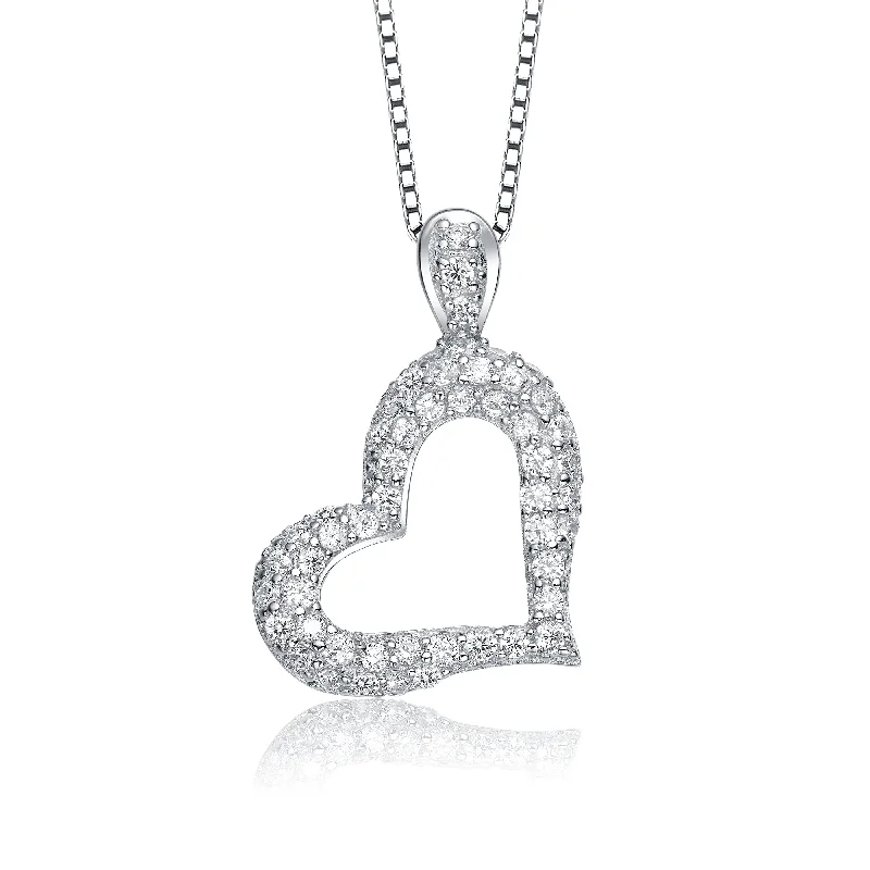 women's emerald necklaces-Sterling Silver White Gold Plating with Clear Cubic Zirconia Paved on Heart Framed Pendant Necklace