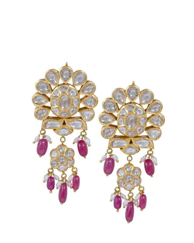 women's gold drop earrings-Tronbe Jadau Polki Long Earrings