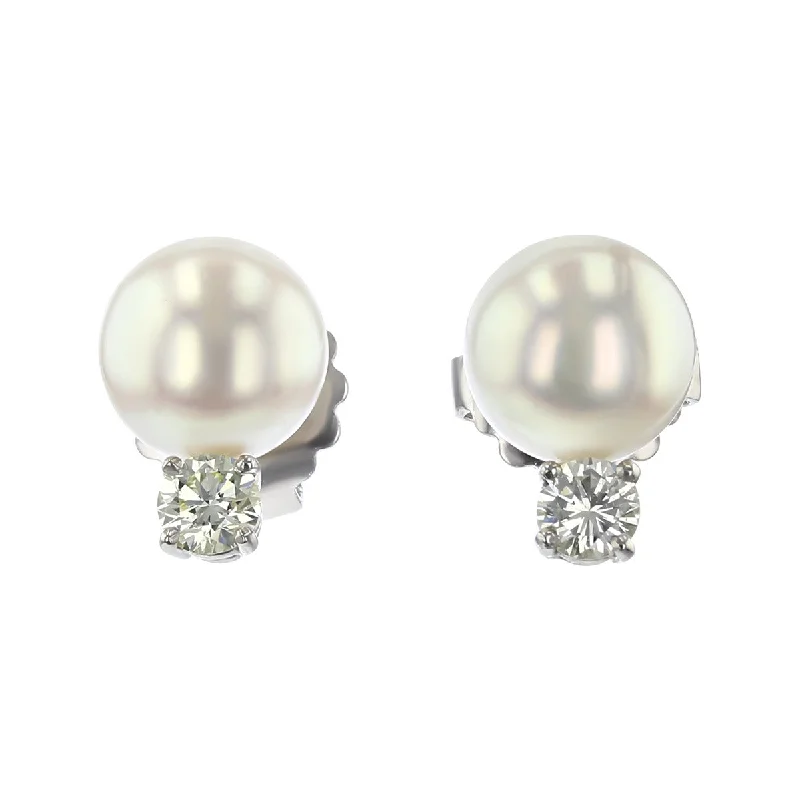 women's heart-shaped stud earrings-14K White Gold Akoya Pearl and Diamond Earrings