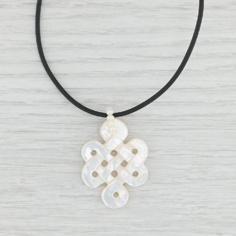 women's chic necklaces-Mother of Pearl Celtic Knot Cultured Pearl Pendant Necklace Black Cord 14k Gold