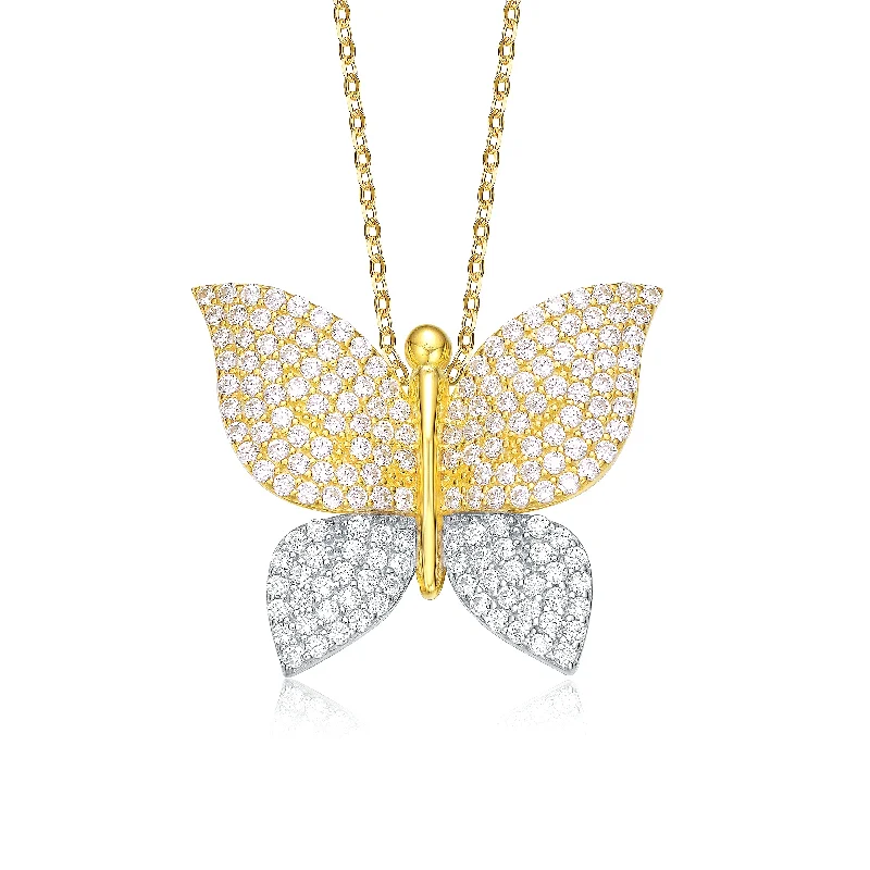 women's gemstone necklaces-14k Yellow And White Gold Plated Cubic Zirconia Butterfly Pendant Necklace in Sterling Silver