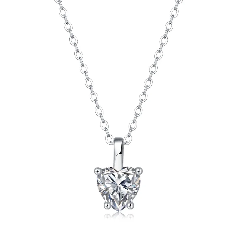 women's adjustable necklaces-Sterling Silver with 1ct Lab Created Moissanite Heart Solitaire Pendant Necklace