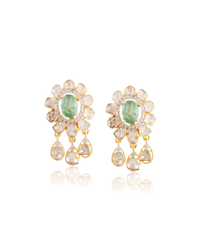 women's gold-plated earrings-Roomi Polki And Diamond Long Earrings