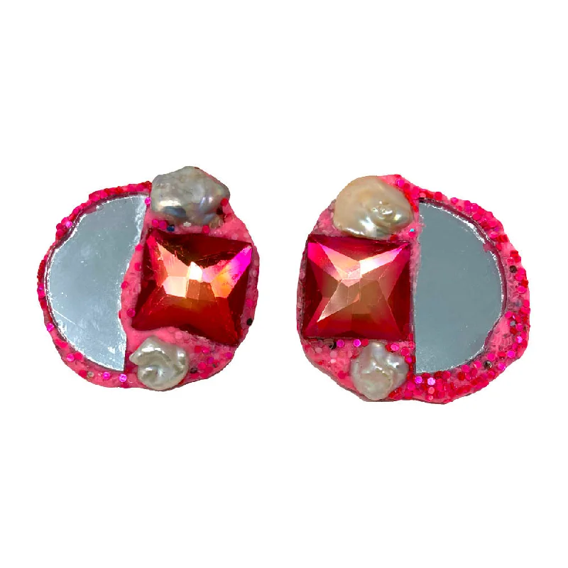 women's heart earrings-PINK AND PEARL CLIP-ON EARRINGS