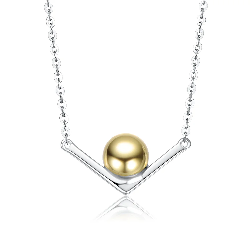 women's custom necklaces-Sterling Silver Two-Tone with 14K Gold Plated Sphere and White Gold Plated Chain Chevron Pendant Necklace