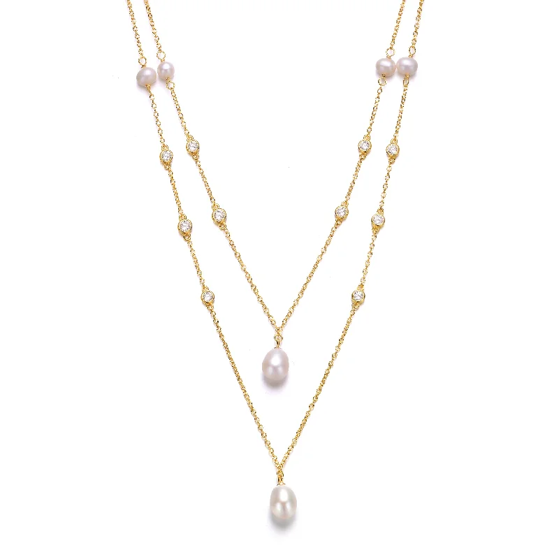 women's layered necklaces-Delphine Golden Pearl Dainty Layered Double Limited Edition Necklace