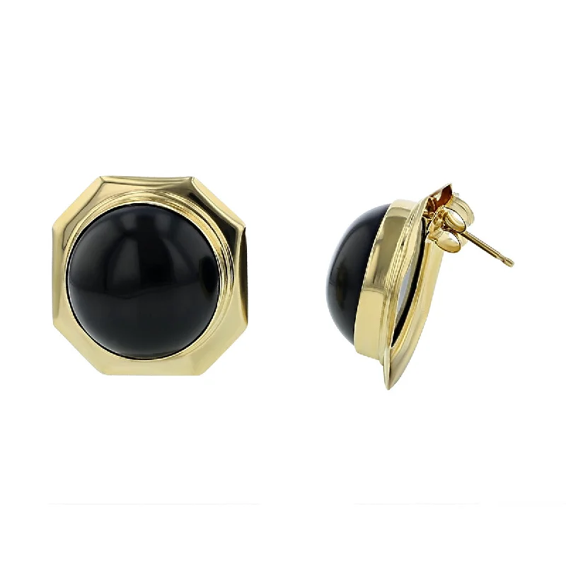 women's floral hoop earrings-14K Yellow Gold Onyx Cabochon Button Earrings