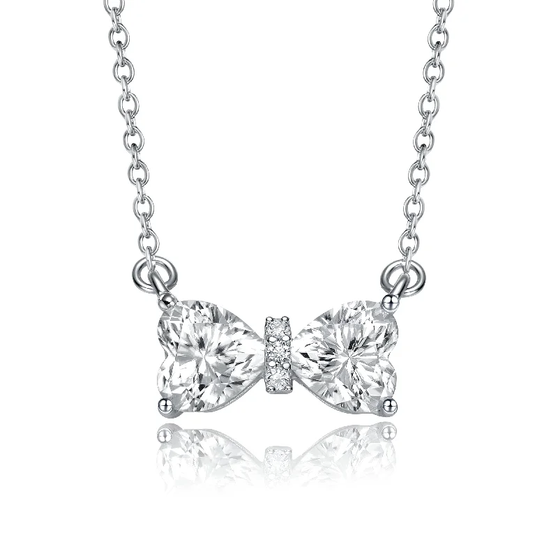 women's floral necklaces-Sterling Silver with 1.50ctw Lab Created Moissanite Bow-Tie Heart Pendant Layering Necklace